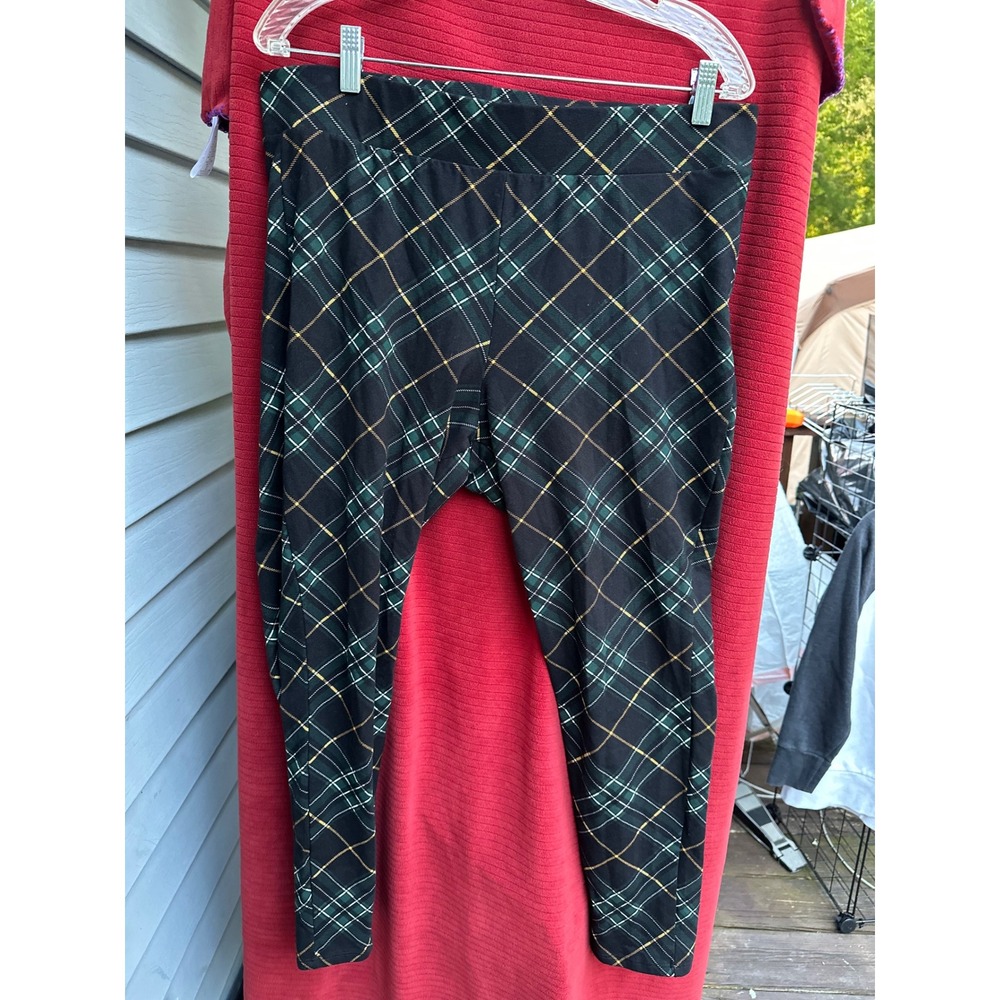 Torrid Green Black Plaid Leggings Gold Metallic Grid Holiday Plus Size 2 2X